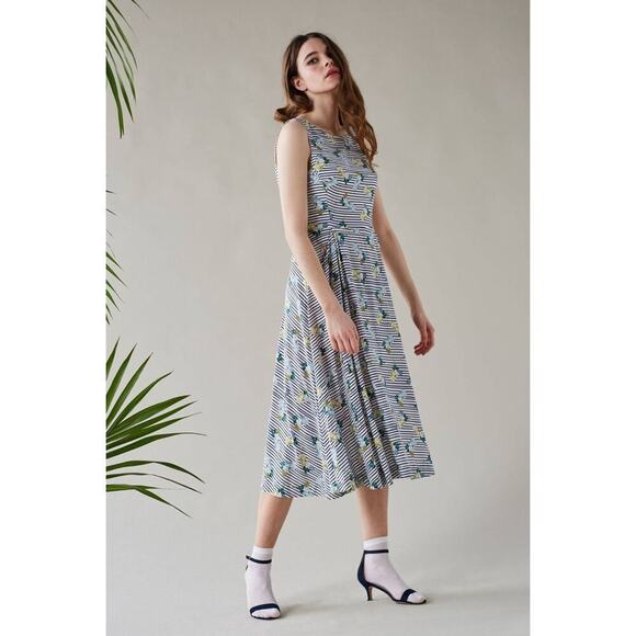 ModCloth Cocktails lemon stripe midi Dress Emily and Fin small S/M 50s casual - Picture 2 of 11